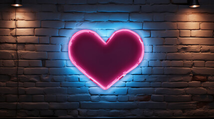 Neon heart with a glow on the background of a dark brick wall, Neon sign pink and blue. generative ai