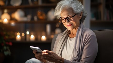 An elderly woman sits on the couch at home and types on the phone and write text, understands new technologies
