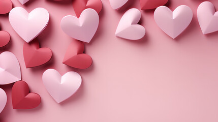 Paper valentines day hearts on pink, Bright color. generative ai