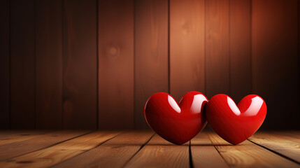 Valentines day background with two red hearts on wooden background. generative ai