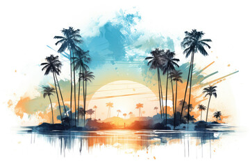 Illustration of palm trees on the beach with ocean sea, watercolor painting of palm trees isolated on white background - obrazy, fototapety, plakaty