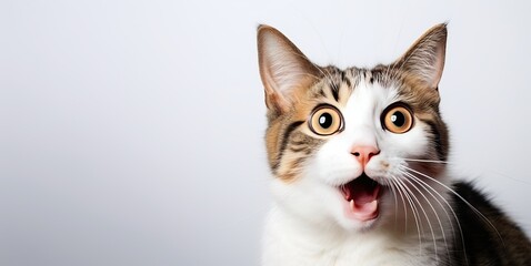 A surprised kitten with an open mouth and round eyes looks forward at the camera. The concept of strong surprise.