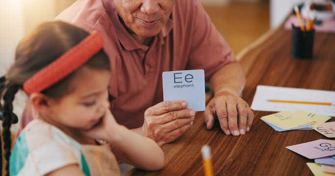 Child, senior man and education or card, teaching and learning at home, language and support. Girl, grandfather and letters or tutoring, assessment and alphabet for development or english homework
