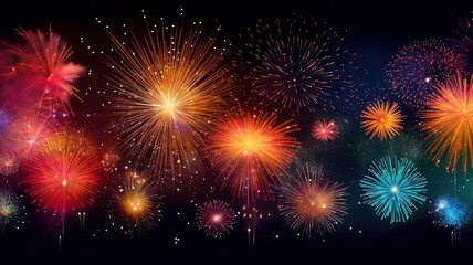 Fototapeta na wymiar Beautiful bright exploding fireworks background against the backdrop of the night sky in celebration of the New Year or festival.