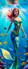 Obraz na płótnie Canvas Beautiful mermaid in a sub-aquatic garden with corals and multi-colored fish