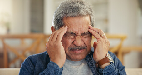 Headache, senior man and stress in home for mistake, mental health and brain fog in retirement....