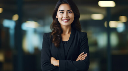 Naklejka premium Young confident smiling Asian business woman leader, successful entrepreneur, professional company executive ceo manager, wearing suit standing in office with arms crossed. Made with generativ ai