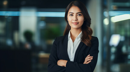 Naklejka premium Young confident smiling Asian business woman leader, successful entrepreneur, professional company executive ceo manager, wearing suit standing in office with arms crossed. Made with generativ ai