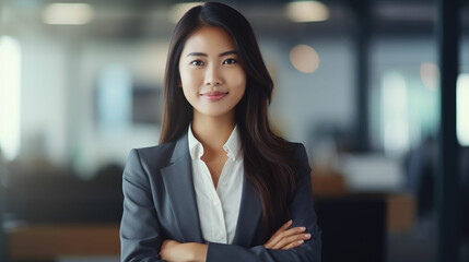 Naklejka premium Young confident smiling Asian business woman leader, successful entrepreneur, professional company executive ceo manager, wearing suit standing in office with arms crossed. Made with generativ ai
