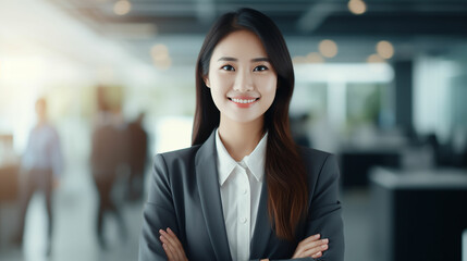 Naklejka premium Young confident smiling Asian business woman leader, successful entrepreneur, professional company executive ceo manager, wearing suit standing in office with arms crossed. Made with generativ ai