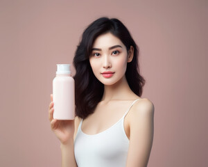 Asian woman holding mockup product bottle cosmetic for advertising