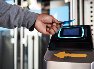 Hands, travel and bus card for payment, digital banking technology or finance service. Closeup,...