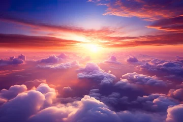 Zelfklevend Fotobehang amazing sunset sky and clouds from above, beautiful sunrise landscape background © JetHuynh