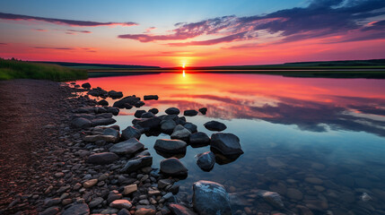 sunset over the lake HD 8K wallpaper Stock Photographic Image 