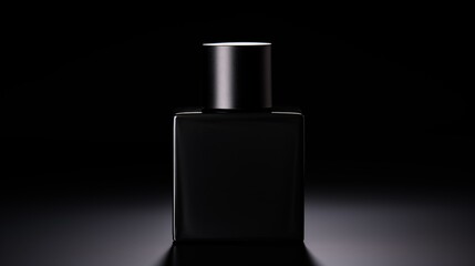 black bottle with perfume on a black background