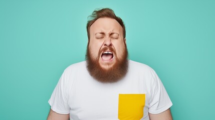 a man with his mouth wide open and eyes closed, sneezes, screams, color background