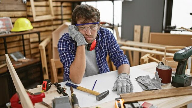 Bored-looking young man, a tired carpenter, deep in thought about his depression problems, crosses arms at carpentry workshop.