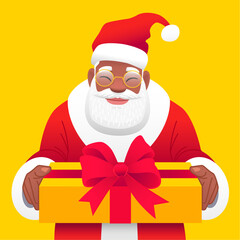 Black Santa Claus in a red hat holds out a gift box. A bearded African Santa holds a yellow box in his hands. Christmas card.
