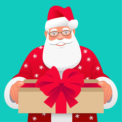 A smiling cartoon Santa Claus in a beautiful suit with snowflakes holds a beautiful box with a bow in his hands. New Year's card.