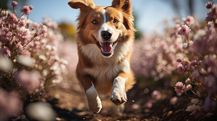 Happy dog running at the camera in a blossoming flower meadow on sunny summer day.