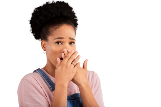 Wow, shock and hands on face of woman with horror, fear or mistake on isolated, transparent or png background. Omg, portrait or overwhelmed model with emoji surprise for drama, gossip or disaster