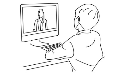 line art of computer with people doing video call