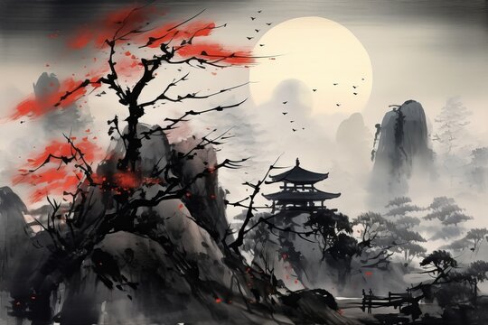 Chinese traditional style landscape in watercolor painting with full moon and pagoda