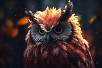 Portrait of a beautiful owl on a dark background with raindrops