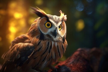 Portrait of a beautiful owl with yellow eyes on a blurred background