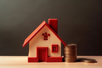 House model and coins on wooden table, real estate investment concept.