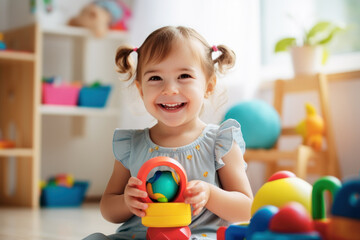 Kid girl playing with colorful baby toy