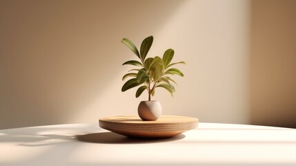 Wooden podium with a plant in a pot. 3d render