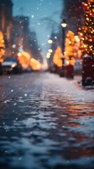 Delicate bokeh of Christmas lights on an evening street with falling snow flakes