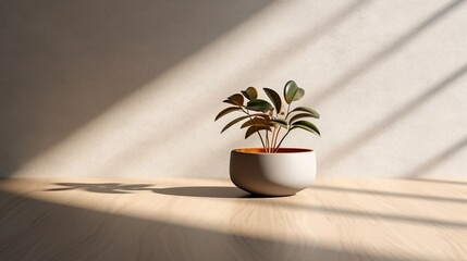 Ficus in a pot on a wooden table with shadow on the wall