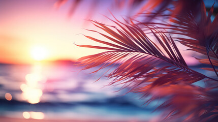 Palm leaves on tropical sunset beach background. Summer and travel concept. Generative ai. - obrazy, fototapety, plakaty
