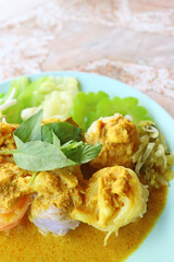 Khanom Chin Nam Ya Poo, Thai Southern Region Dish of Rice Vermicelli Served with Spicy Crab Meat Yellow Curry
