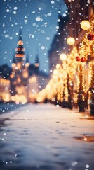 Obraz premium Delicate bokeh of an evening street decorated with Christmas garlands with falling snow flakes