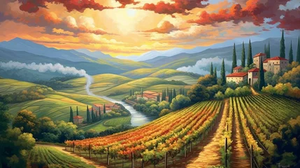 Foto op Canvas Tuscany landscape with vineyards at sunset Digital painting. Colorful landscape. © Angus.YW