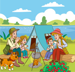Illustration of a Family Camping on the River. Vector illustration