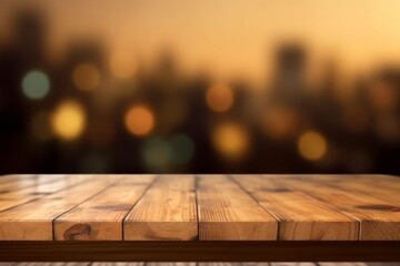 Empty wooden table for product display montages with blurred cityscape background. - obrazy, fototapety, plakaty