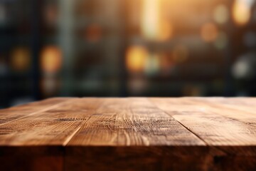 Empty wooden table and Coffee shop blur background with bokeh image.