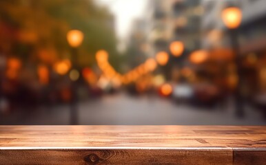 Empty wooden table and blurred background of city street with bokeh