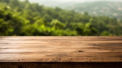 Empty wooden table for product placement or montage with nature background.
