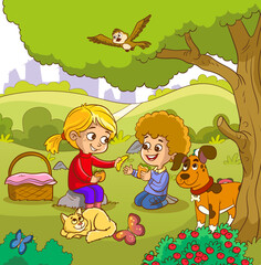 Obraz na płótnie Canvas Picnic at the lake. Vector illustration of a group of children having a picnic in the park.