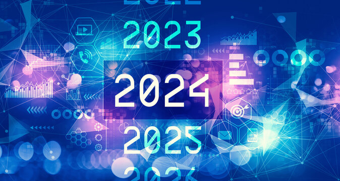 2024 New Year concept with technology blurred abstract light background