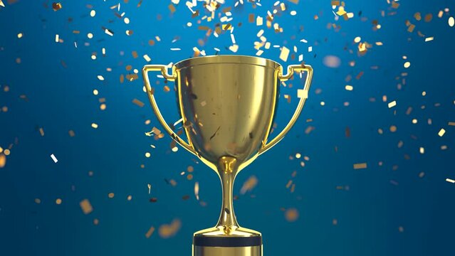 Golden trophy with falling golden confetti, Victory concept, Looping video
