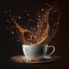 Coffee splashes from a cup. Generative AI.