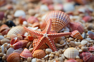 Fototapeta na wymiar Starfish and seashells on the beach. Generative Ai