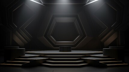 A 3D black geometric stage podium with a dark background that is used for a political rally or protest.