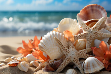 Starfish and seashells on the beach. Generative Ai